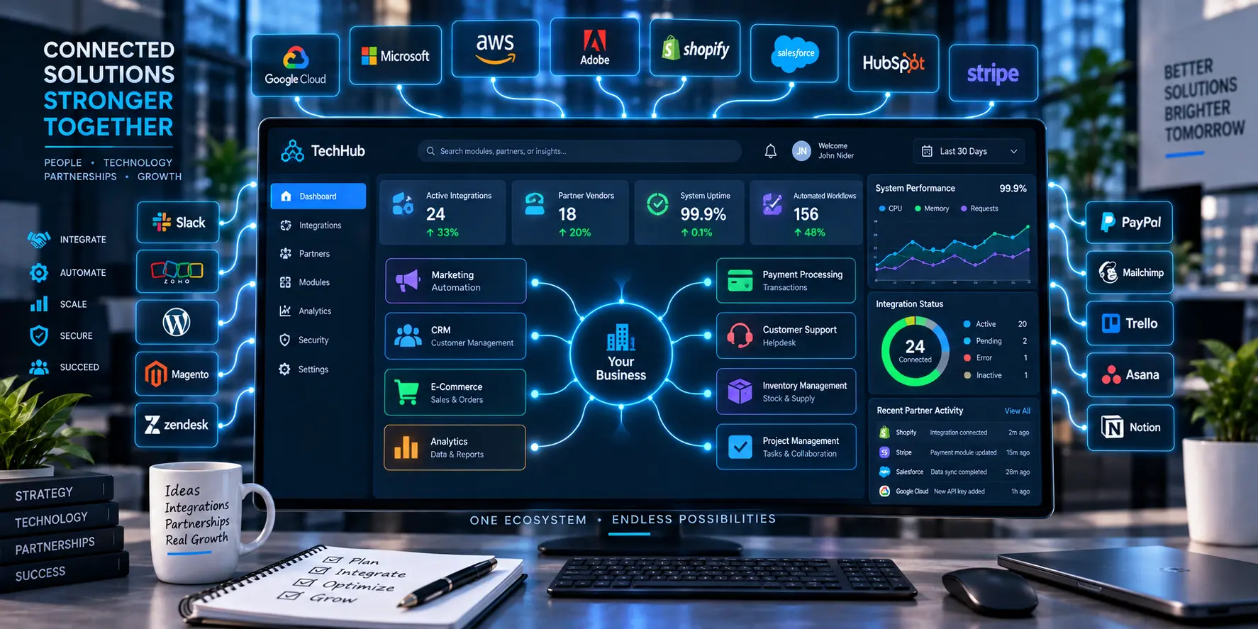 Tech ecosystem dashboard displaying interconnected software modules
