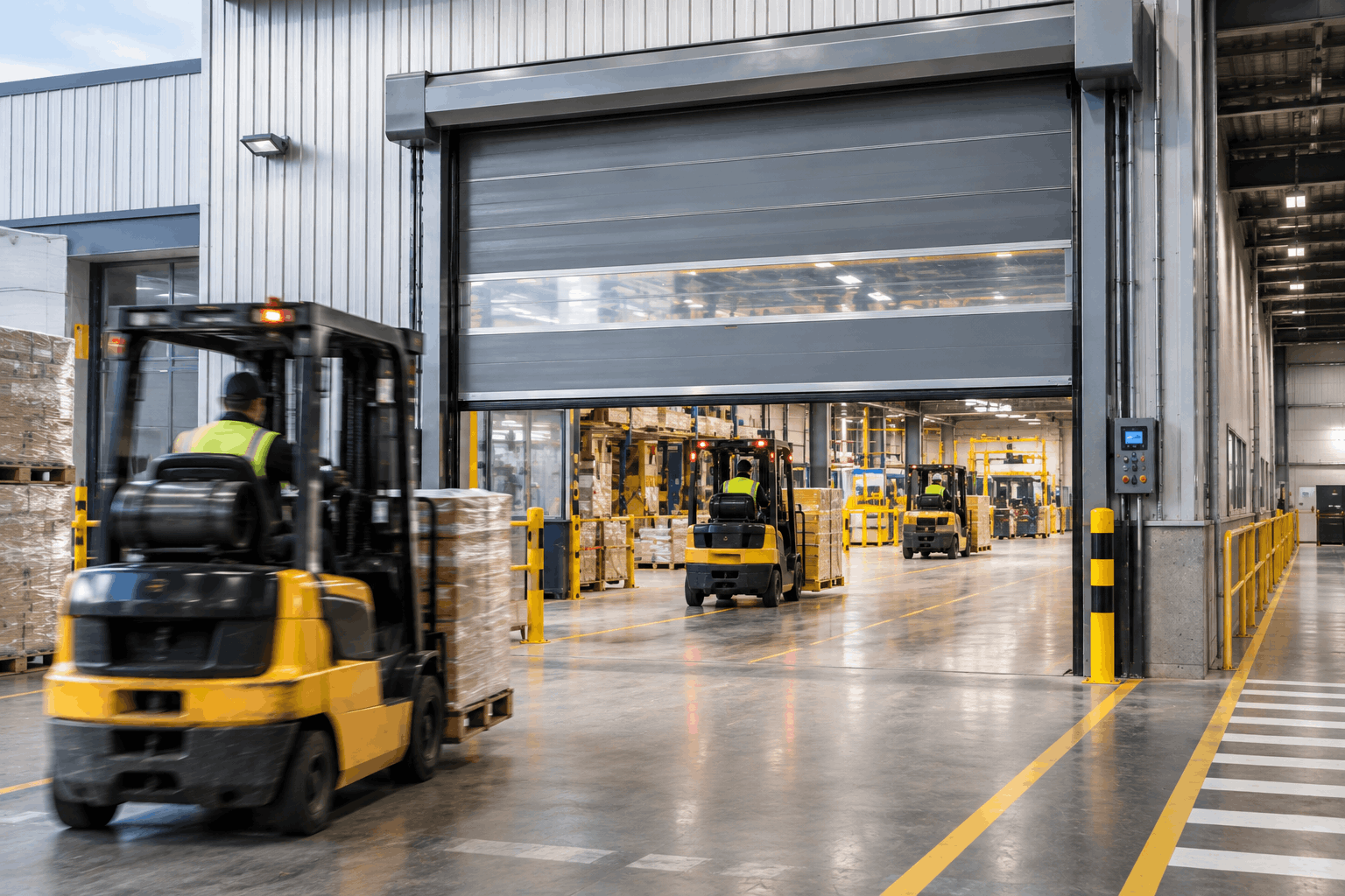 High-cycle industrial door at a busy manufacturing facility