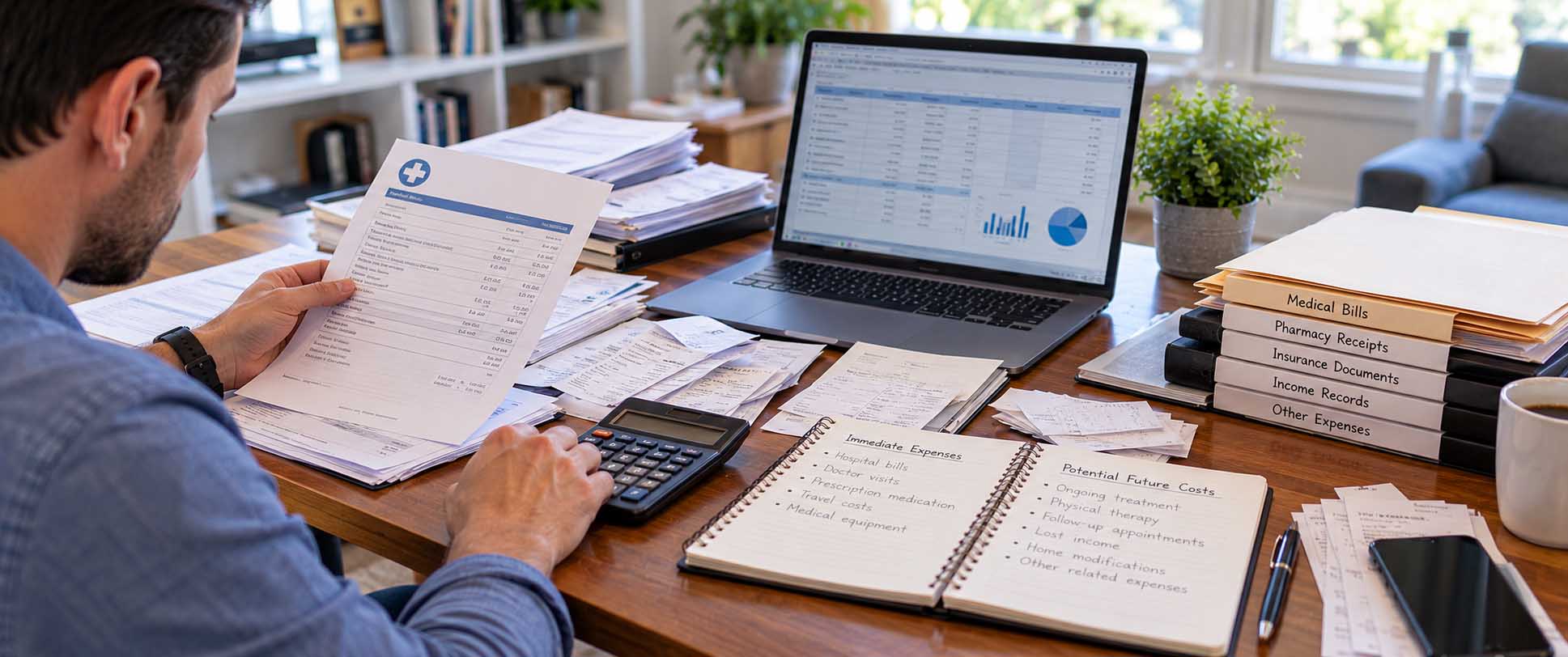 Accident victim reviewing medical bills and income records to calculate economic damages after an accident.